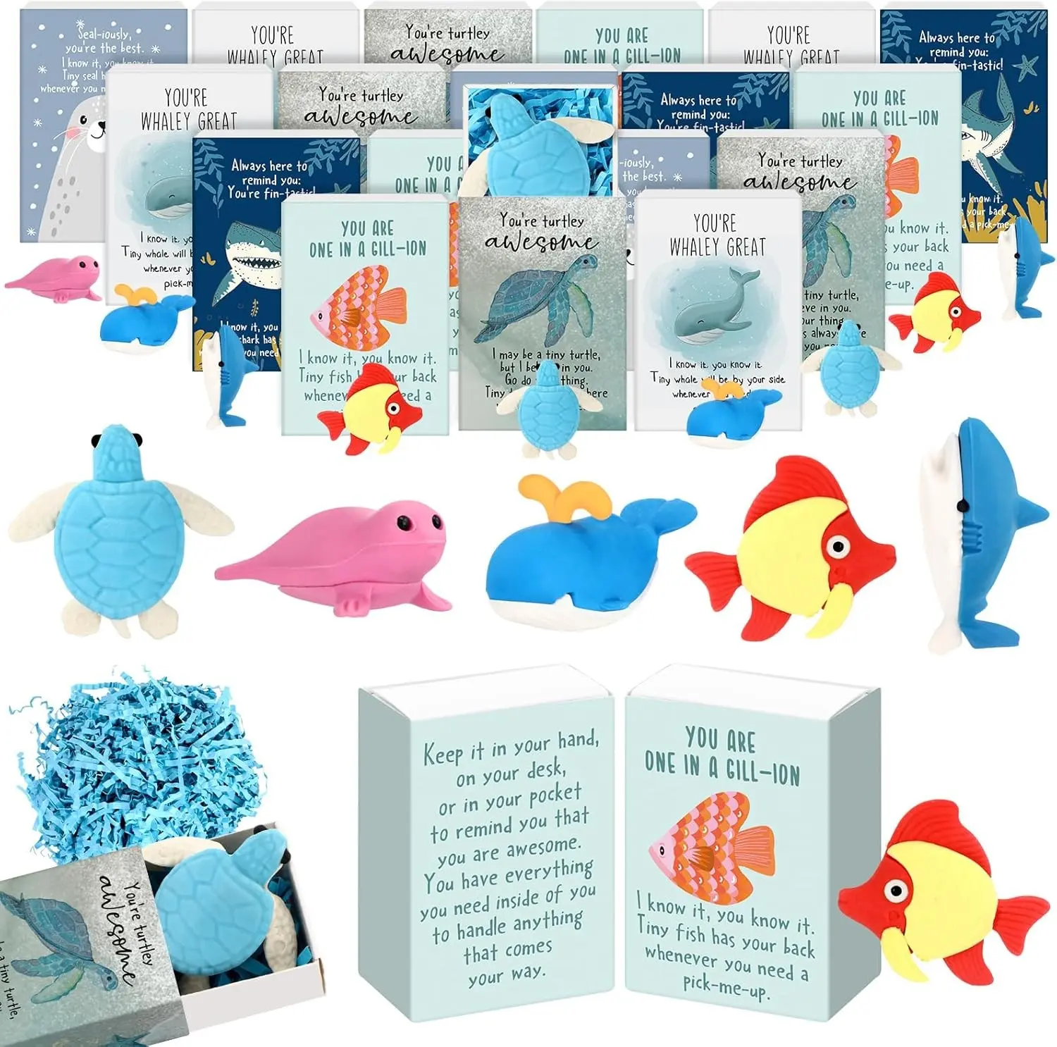 50 Sets Desk Pets Gifts Bulk Animal Erasers Emotional Desk Pets Positive Affirmation Puzzle Pencil Eraser Toys Pocket Hugs Tokens for Back to School Students Prizes Rewards Favors (Ocean)