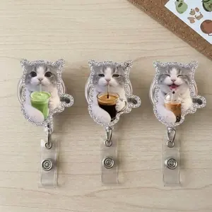 Kawaii Glitter Cat Kitten Drinking Matcha, Coffee & Boba Retractable ID Holder - Fun Kitten Name Tag Clip - Cute Cat Badge Reel