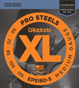 D'Addario EPS160-5 5-String ProSteels Bass Guitar Strings, Medium, 50-135, Long Scale