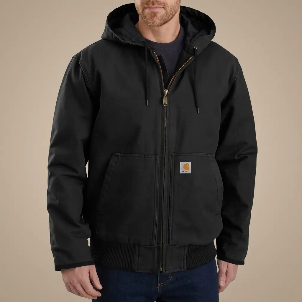 Carhartt J130 Men's Washed Duck Canvas Hooded Work Jacket, Heavyweight Quilted Insulated Rugged Outerwear, Loose Fit Utility Coat for Work Outdoor Daily Wear