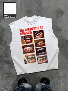 Men's Summer Casual Sleeveless Tank Top, Vest with Tooth Patch and Never Dry Mouth Graphic Pattern, Rivet Details, Street Hip Hop Style