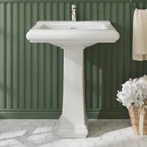 Garvee 26" W x 20" D Rectangular White Ceramic Bathroom Pedestal Sink with Overflow, Single Hole Faucet Pre-Drilled, Freestanding Vanity Sink Combo Ideal for Small Spaces