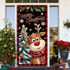 1PC,2D Flat Door Banner Christmas Door Banner, Cartoon Red - Nosed Reindeer & Christmas Tree Pattern Door Curtain, Festival Atmosphere Decoration Door Hanging, Indoor & Outdoor Xmas Scene Decor