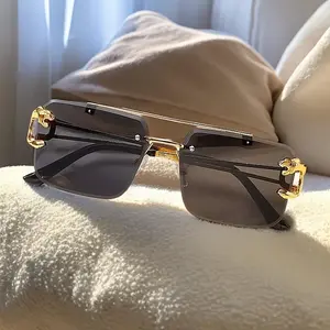 Vintage Luxury Golden Fahsion Glasses Cool Tiger Stand Women's Frameless Black For Men And Women Outdoor Travel Anti Glare Glasses004