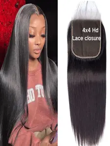 4X4 Straight HD Lace Closure Human Hair Extensions 12A Brazilian Virgin Remy 100% Unprocessed Human Hair Frontal Free Part Closure Only Pre Plucked With Baby Hair Natural Black