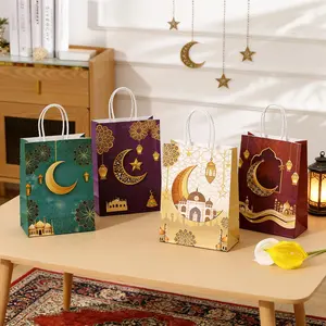 10PCS Eid Mubarak Gift Bags Party Gift Packs Muslim Ramadan Kraft Paper Candy Cookie Packaging Bag Ramadan Kareem Islamic Party Decor Supplies