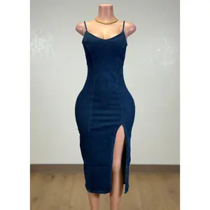 SAYLOR MID BLUE DENIM STRAPPY BODYCON MIDI DRESS