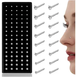 Summer 80Pcs Nose Rings Studs for Women Men - Straight or L Shaped Surgical Stainless Steel Small Nose Studs Pin - Hypoallergenic 20G 22G Tiny Nose Piercing Jewelry 1.5/2/2.5/3 mm CZ