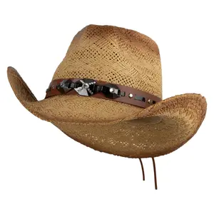 UPF 50+ Natural Straw Cross Gem Buckle Cowboy Hat