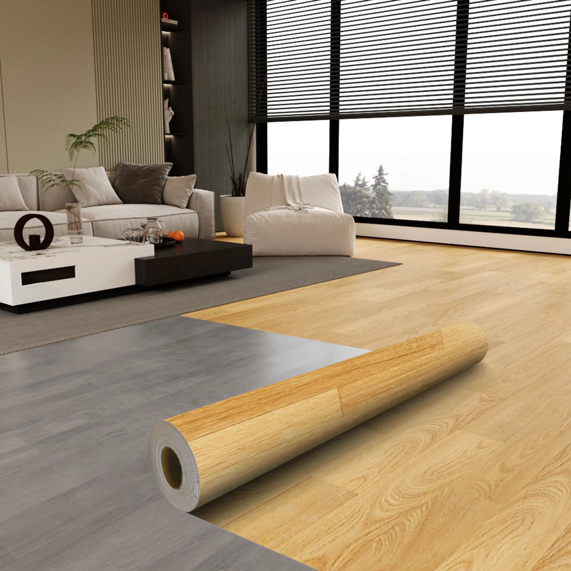 Waterproof Wood Grain PVC Floor Glue Roll 1.6mm Thickness 0.15mm Wear Layer 1x5m for Kitchen Bathroom