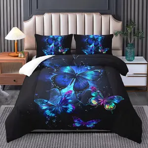 Bottom Colorful Blue Butterfly Quilt Set, 3-Piece Bedding Sets with Inner Core, Soft Warm Fabric, Ideal for Bedroom Decor