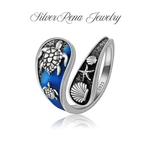 S925 Sterling Silver Sea Turtle Open Ring Beach Shells Starfish Design Vintage Sea Theme Adjustable Ring, Birthday Gifts