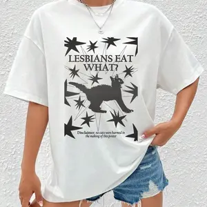 Lesbians Eat What Funny Cat Graphic T-Shirt, Vintage Retro Star Print Humor Tee, Witty LGBTQ Friendly Shirt for Women, Gen Z Aesthetic Sarcastic Cat Lover Gift, Unique Quirky Pride Outfit Tee