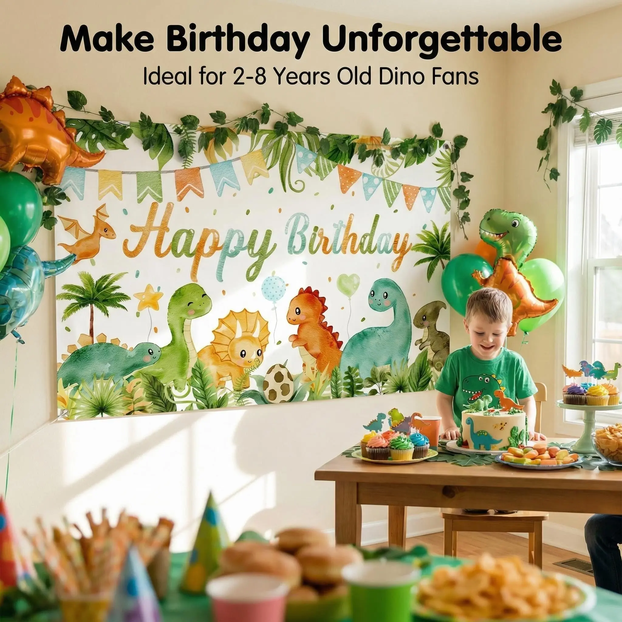 Cute Dinosaur Themed Design Birthday Background Cloth, Base with Blue Banner, Happy Birthday, Lightweight Polyester, Large Rectangular, Party Photo Backdrop, Birthday Party Decorations, Party Decorations Banners