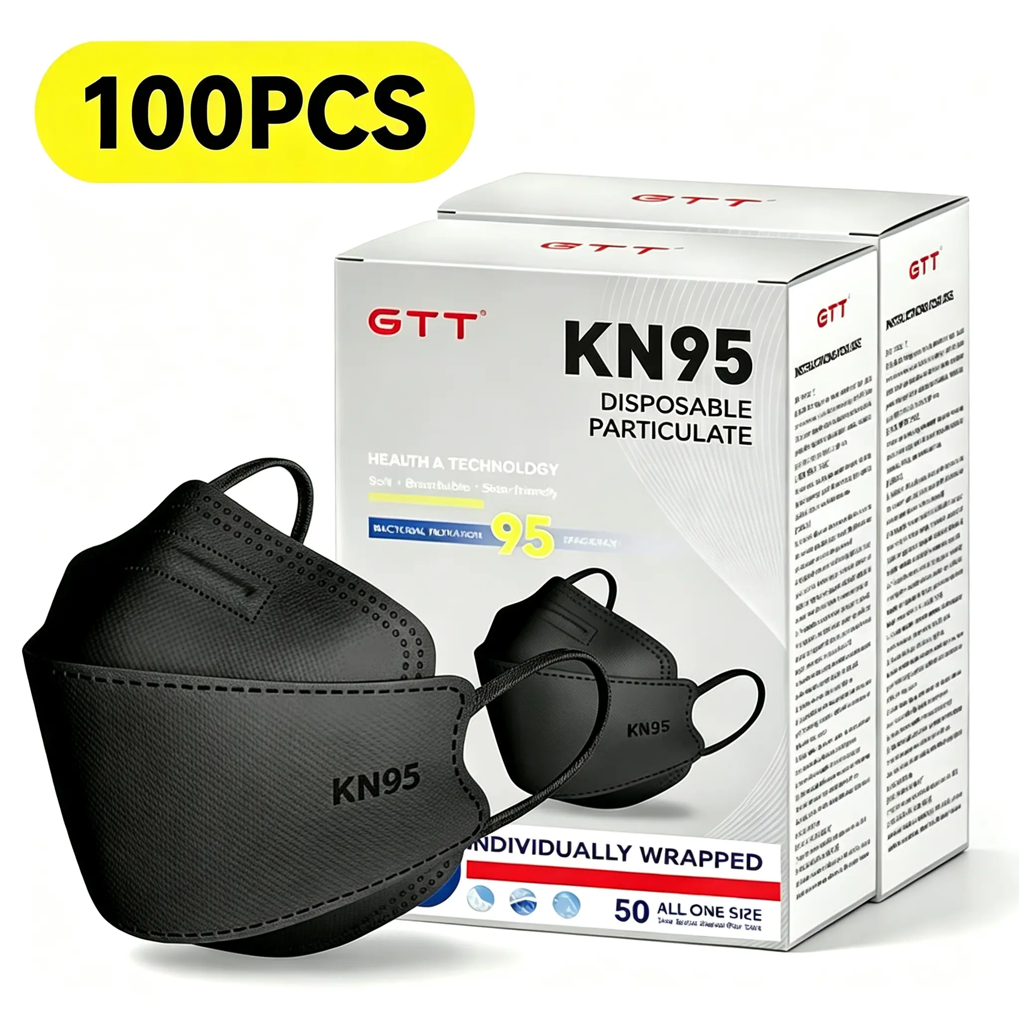 Black KN95 Face Masks, 100PCS Individually Wrapped 5-Layer Protective Masks, Breathable & Comfortable, Healthcare Mask for Protection, Work, Travel & Daily Use
