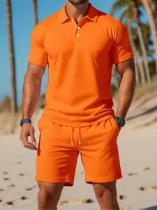 Men's Solid Color Knit Short Sleeve Polo Shirt & Drawstring Shorts Set, Menswear, Outdoor Summer Casual, Knitted, Fitted Style, Breathable Moderate Fabric Thickness