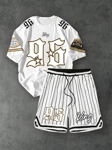Men Letter & Number & Geometric Printed Short Sleeve T-Shirt & Shorts 2 Pieces Set, Casual Set for Summer, Two Pieces Outfit