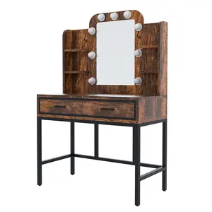 TOPWIN Vanity Desk with Mirror,Adjustable LED Lights,2 Drawers & 9 Storage Shelves–Makeup Table for Bedroom,6500K Lighting Dresser Furniture Home Wood
