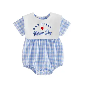 Newborn Infant Baby Boy Girl Romper Our First Mother's Day Summer Sailor collar Short Sleeve Plaid Print Heart Embroidery Onesie Bodysuit