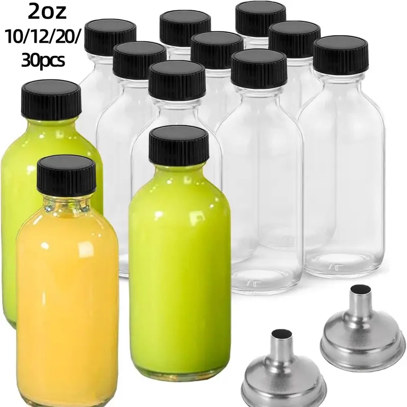 2 Ounce Reusable Glass Bottle Set of 12 Pack with Lids, Portable Juice Bottles for Homemade Beverages, Ideal for Ginger Shots and Liquid Storage, Bottle Bulk, Drink Containers