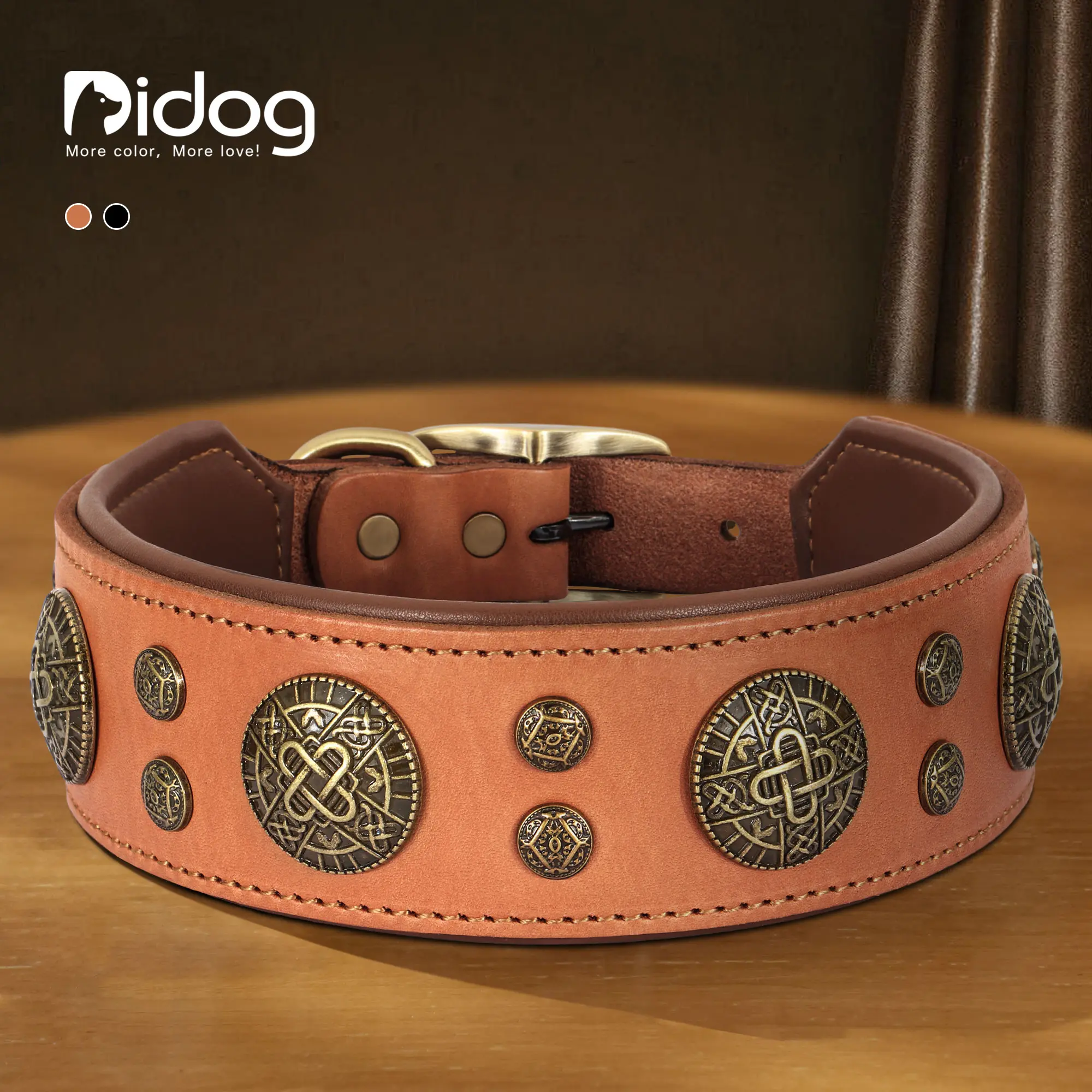 Didog Genuine Leather Dog Collar, 2" Wide Soft Padded Rivet Studded Durable Collar, Adjustable Black Leather Collar for Medium Dogs, Fits Neck 16-22 in