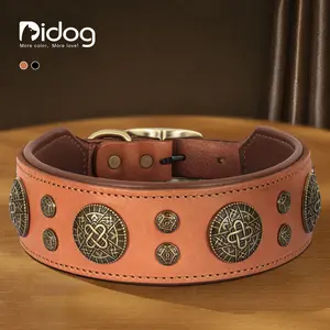 Didog Genuine Leather Dog Collar, 2" Wide Soft Padded Rivet Studded Durable Collar, Adjustable Black Leather Collar for Medium Dogs, Fits Neck 16-22 in