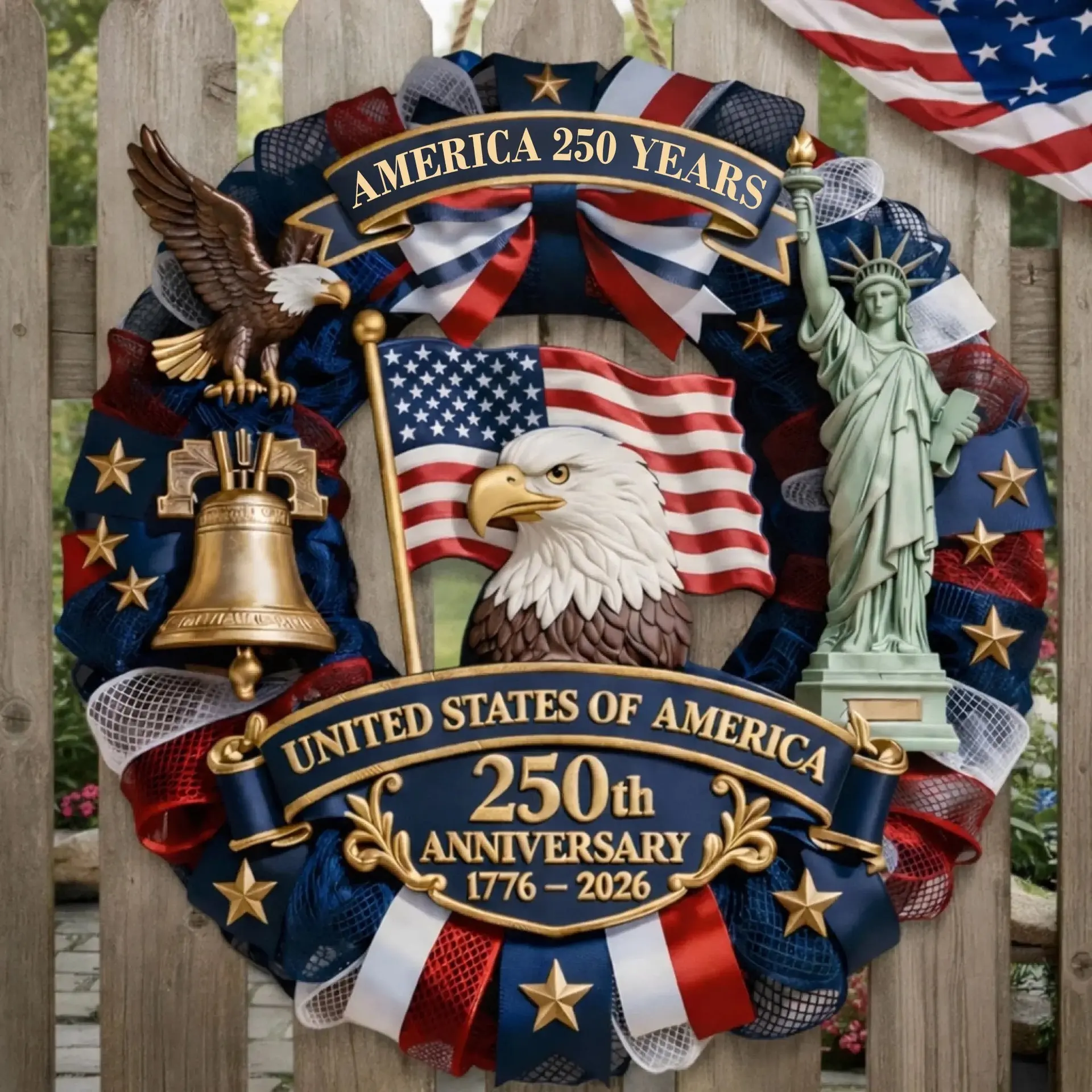 Us 250th Anniversary Door Sign 1776-2026, Patriotic Wooden Wall Decor, Holiday Decor, Festive Decoration, Round Eagle Memorial Day Decor, 4th of July Outdoor Porch Plaque, Decorative Wreath