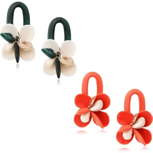 FINREZIO 2 Pairs Colorful Boho Plumeria Flower Acrylic Dangle Earrings for Women Men Tropical Hawaiian Resin Flower Drop Earrings for Summer Beach Vacation Jewelry Gifting Lightweight Statement Jewelry Set