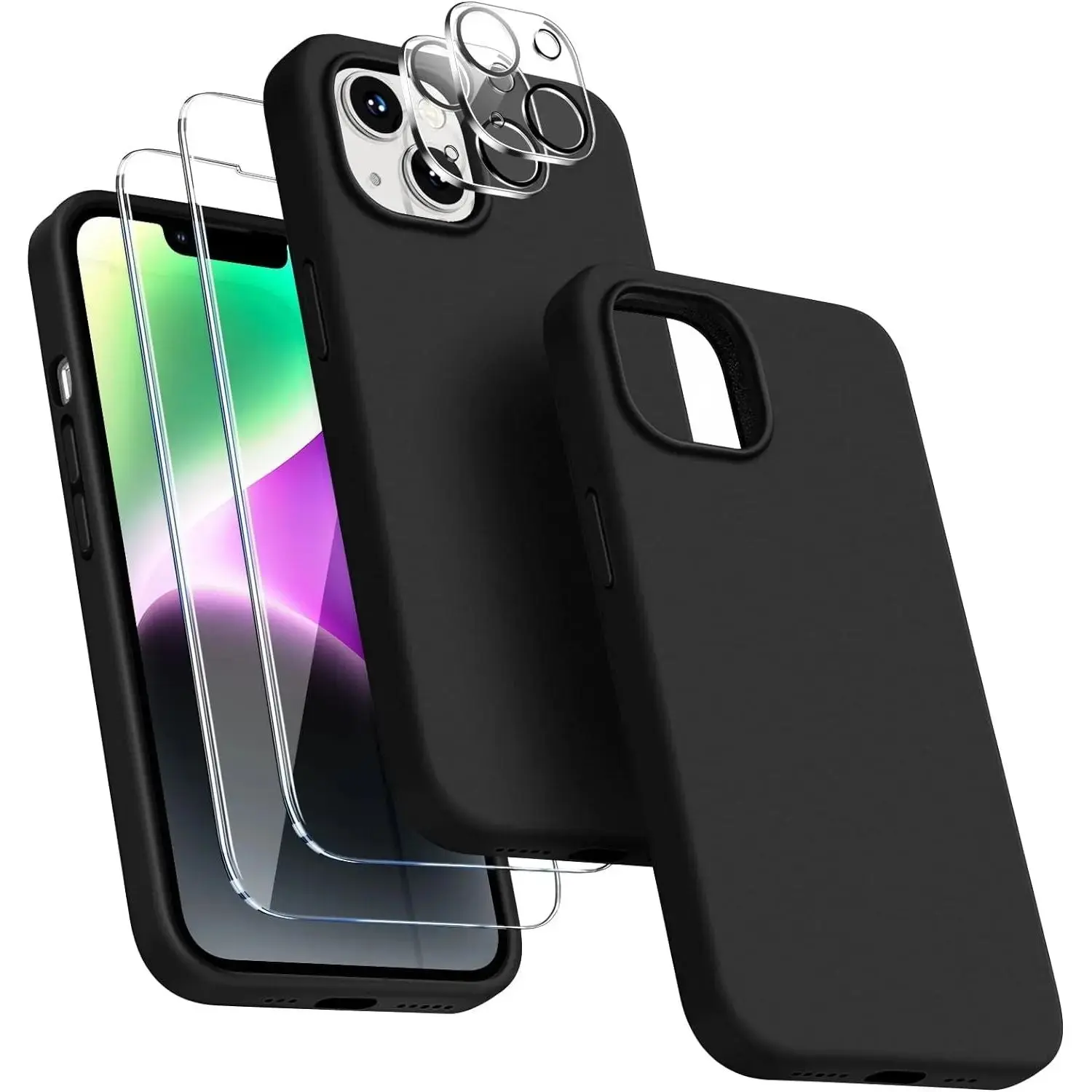 Entronix Case Silicone Case for iPhone 15 - 5 in 1 Bundle with 2 Clear Tempered Glass & 2 Camera Lens Protectors - Protective Cover for Smartphones