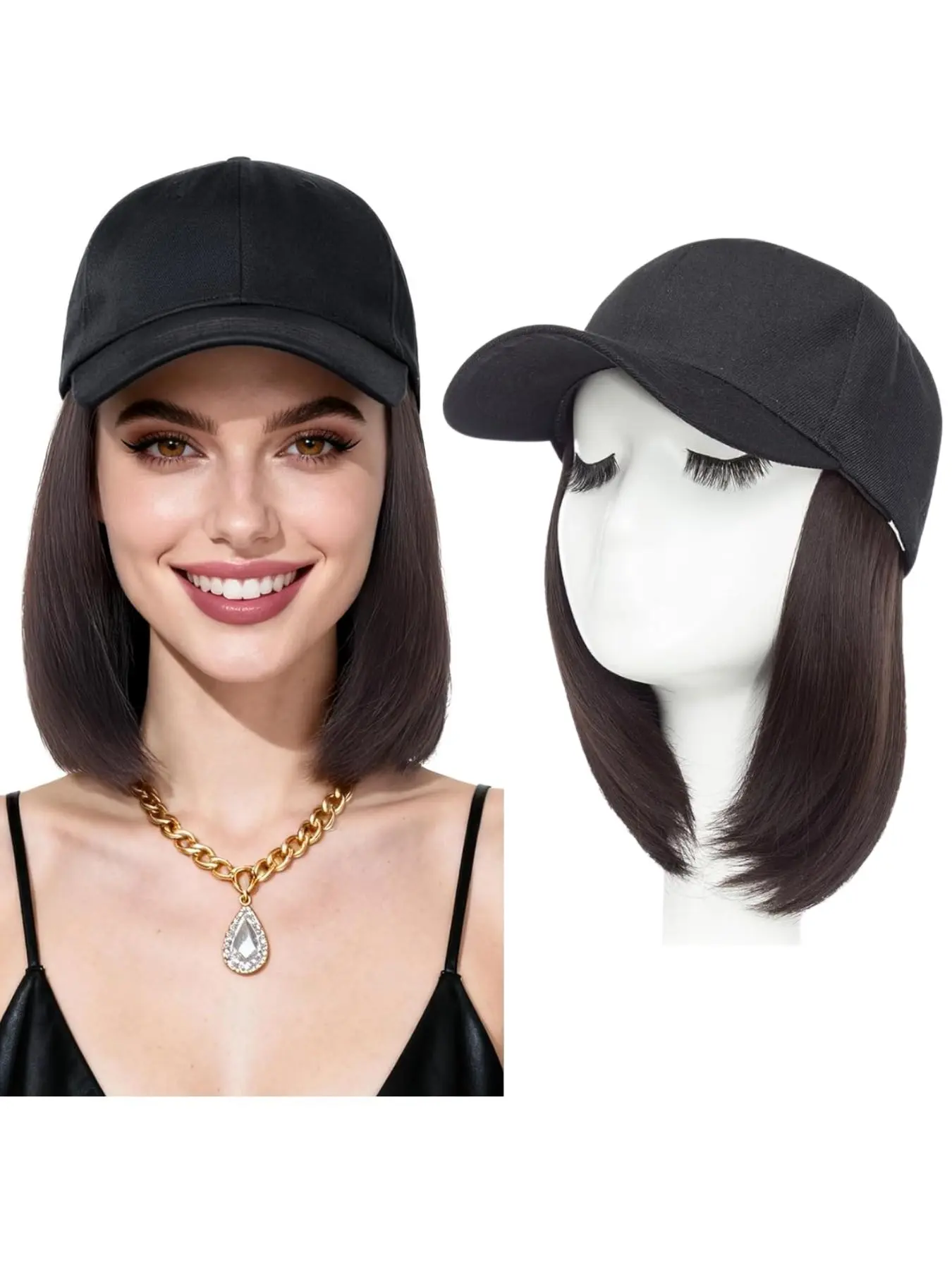 Women's Baseball Cap Wig Set, Fashionable Versatile Snapback Hat, Bob Cut Shoulder-Length Straight Hair, Natural Realistic Look, Synthetic Material Wigs, Synthetic Fiber Wigs