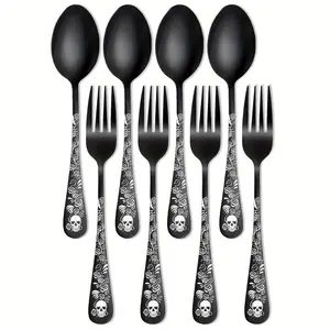 8/12count Stainless Steel Gothic Black Skull & Rose Design Cutlery Set, Ideal For Halloween, Day Of The Dead, Christmas, Thanksgiving, Dessert Spoons & Forks Set