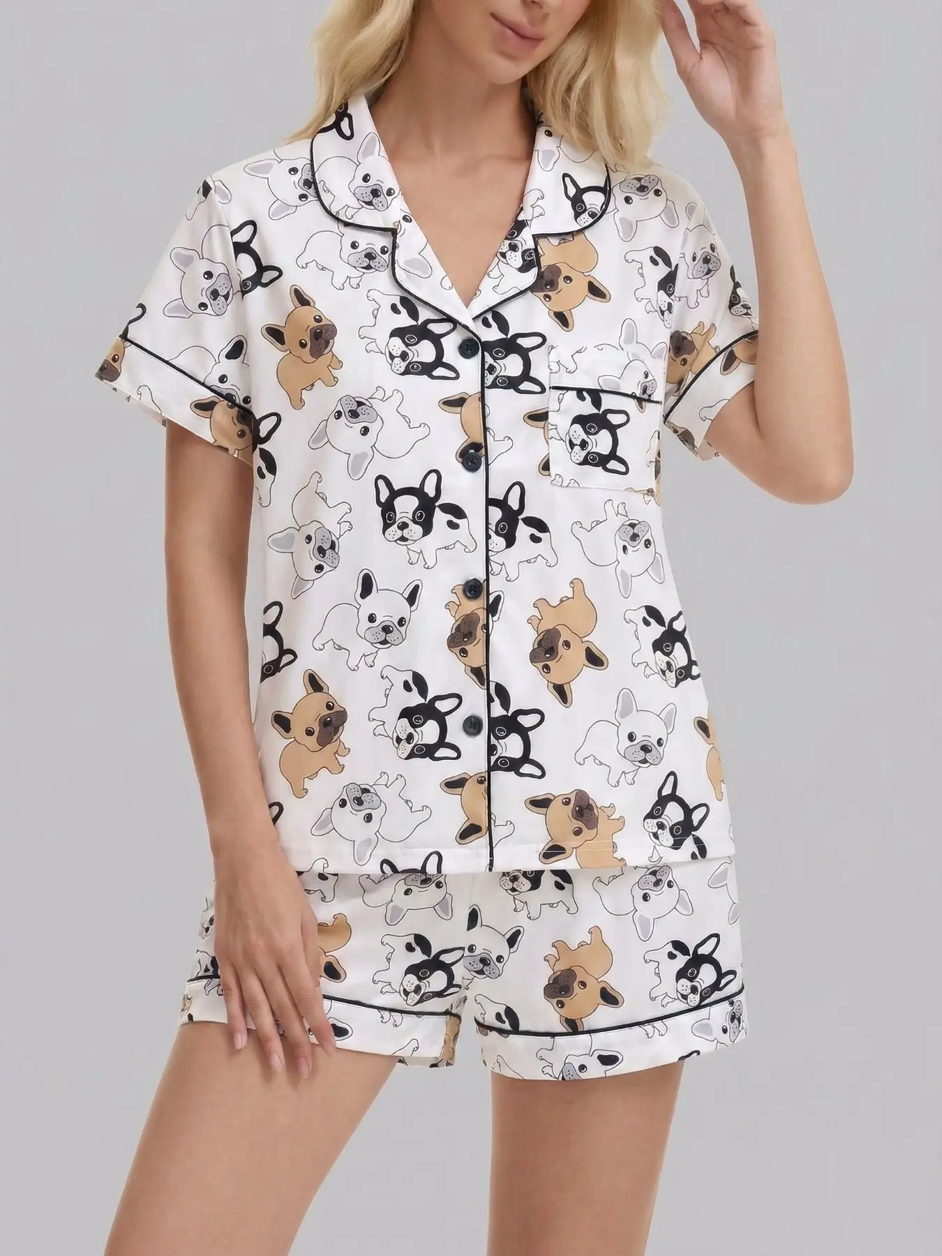 Two-Piece Cute French Bulldog Print Women's Pajamas Set, Shorts Pyjama Set, Pajama Outfit, Sleepwear Loungewear, Loungewear, Nightwear, Pjs, Sleep Sets, Collared Button Short Sleeve & Loose Comfortable Shorts, All Seasons