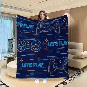 Electron Gaming Fan Exclusive Navy Neon Game Controller Flannel Blanket, Soft Warm Nap Cover, Bedroom Sofa Decor, Multi-Purpose All Seasons Blanket