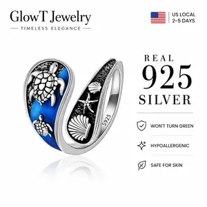 925 Sterling Silver Turtle & Starfish Beach Ring | Vintage Oxidized Ocean Theme Open Band Jewelry Bohemian Beach Inspired Adjustable Statement Ring