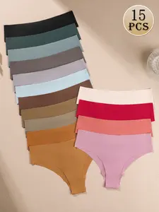 15 Pcs Seamless Women's Underwear, Stylish Low Rise Casual Panties for Summer, Breathable Fabric, Lady Smooth Fit in Various Colors
