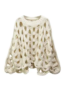 Women's Polyester Mesh Hollow Out Knit Top, Round Neck Lightweight Sweater, Fashionable and Comfortable, Perfect for Daily Wear