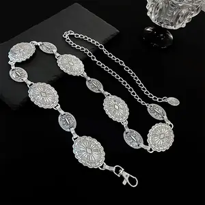 Vintage Round Shaped  Embossed Decorated Chain Belts for Women Trendy Exquisite Statement Belts, 2025 Fall Trendy Boho Style Fashion All-match Cool Feamale Accessories, Brass Color Back To School Y2k Charms Accessories, Fall Outfits, Fall Freshness, 80s
