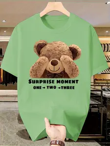 Men's Summer Breathable Slim Fit Short Sleeve T-Shirt, Casual Toy Bear Print Tee, Single Piece Lightweight Top