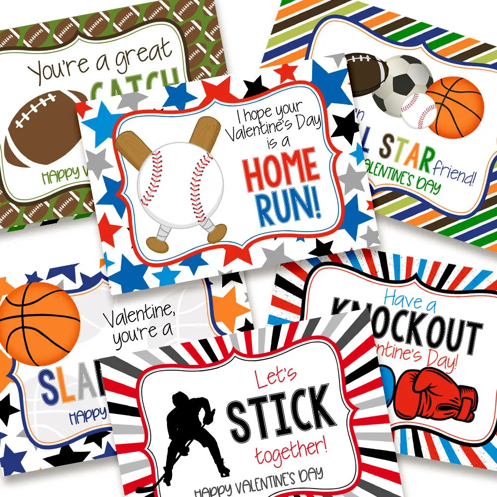 Sports Themed Classroom Valentine Exchange Cards for Kids