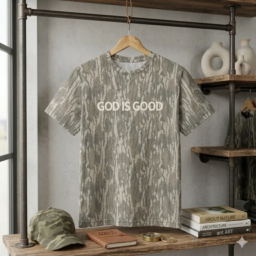 God Is Good Camo Graphic T Shirt, Christian Faith Shirt, Inspirational Religious Tee, Unisex Short Sleeve Crewneck Casual Top, Soft Everyday Bible Verse Style Gift Shirt