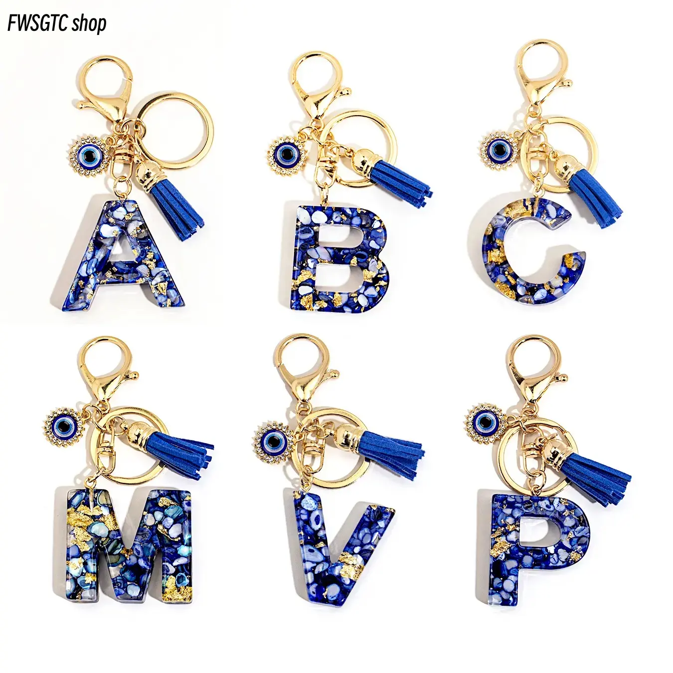 2026 New Arrival Royal Blue Evil Eye A-Z Alphabet Keychain Jewelry, Bohemian Cute Tassel Bag Charm, Lucky Fashion Accessory for Women, Decor for Car Keys & Bags, Ideal Gift
