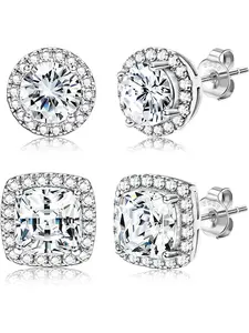 4 Pcs 18K Gold Plated Halo Stud Earrings 925 Sterling Silver Cubic Zirconia Stud Earrings Round Square Diamonique Stud Earrings Set for Women Men High Quality Earrings