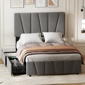 Garvee King Size Upholstered Platform Bed Frame with 4 Built-in Storage Drawers, Adjustable Height Headboard, Quiet Wooden Slat Support, No Box Spring Needed