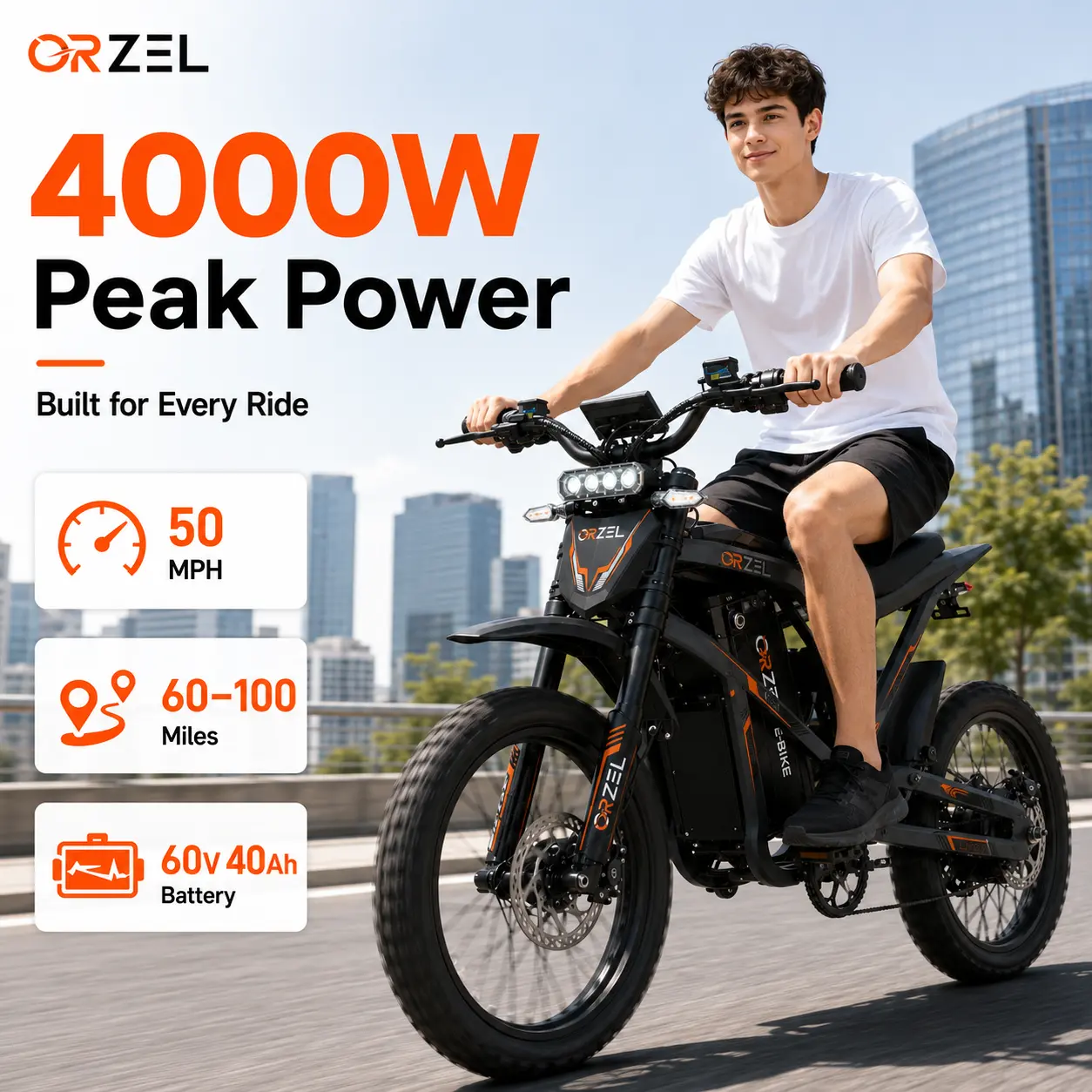 Orzel Cyber X Adult Off-Road Ebike - 4000W Peak, 60V 40AH Removable Long-Range Battery, hydraulic brake Full Suspension, All-Terrain Fat Tire Ebikes for Adults