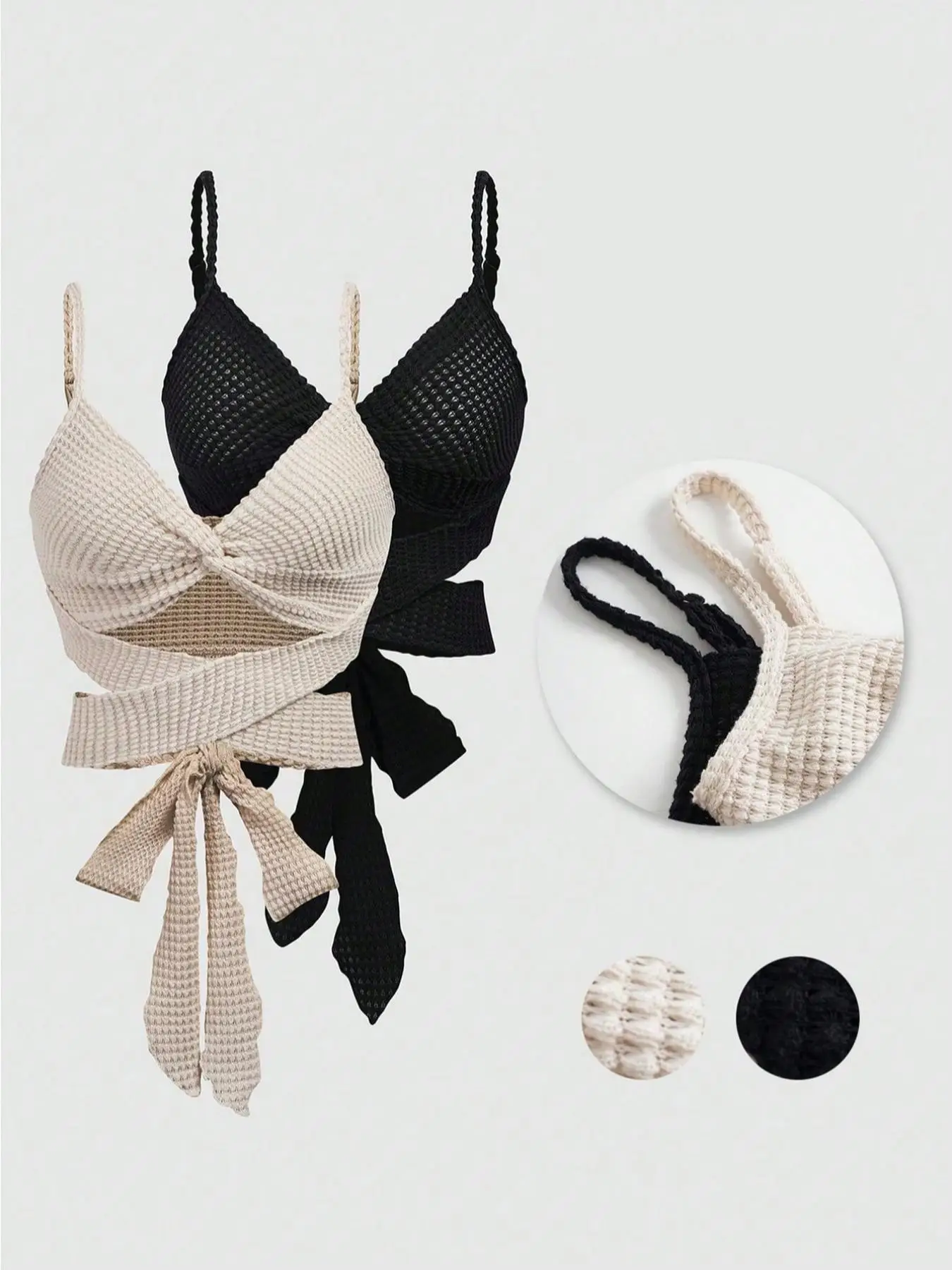 Women's Casual Sleeveless Spaghetti Textured Twist Criss Cross Tie Back Crop Cami Top, Casual Fit Adjustable Strap V Neck Crochet Camisole for Summer,