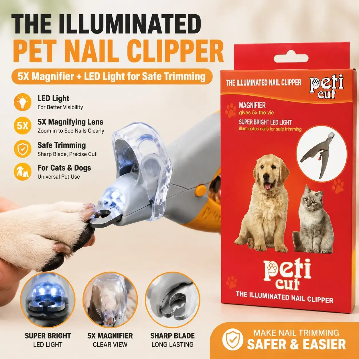 LED Illuminated Pet Nail Clipper with 5X Magnifier, Safe Nail Trimmer for Dogs & Cats, Sharp Stainless Steel Blade, Ergonomic Comfort Grip