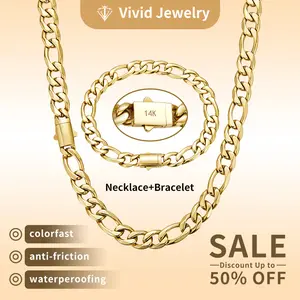 VIVID 14K Gold-Plated Cuban Chain Figaro Necklace & Bracelet Set Features innovative waterproof and rust-resistant technology  design blending Miami style with vintage charm 8mm width, available in 16 to30 inches The perfect Christmas gift