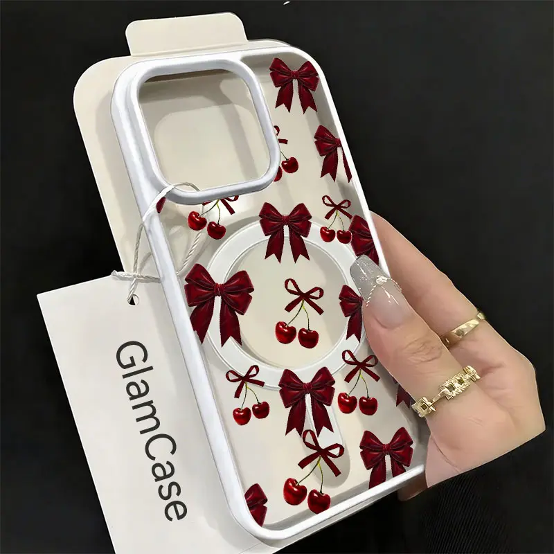 Acrylic Magnetic Bold Cherry Bow Accent Smartphone Casing - Shockproof, Luxurious, Anti-Fingerprint, Double-Sided Heat Dissipation Protection for iPhone 11,12,13,14,15,16,17/18 Pro Max (A6) | Sleek Acrylic Back, Magnetic Attach Accessory