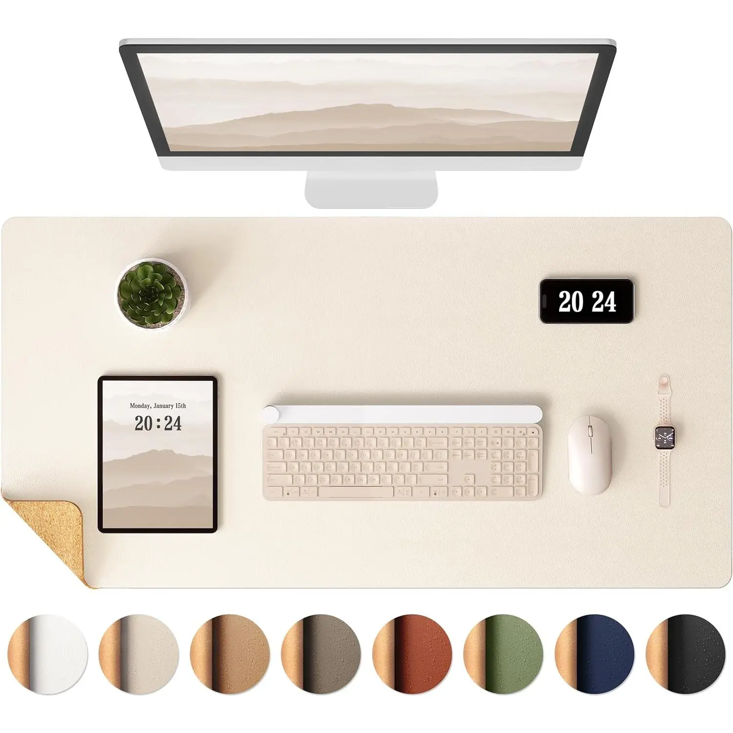 Aothia Double-Sided Desk Mat—Leather desk mat, natural cork protective mat, mouse pad, waterproof ink-absorbing mat, writing pad for office/home use, Beige (23.6 x 13.7 cm)  Handcrafted, eco-friendly, sustainable, eco-conscious, FSC-certified