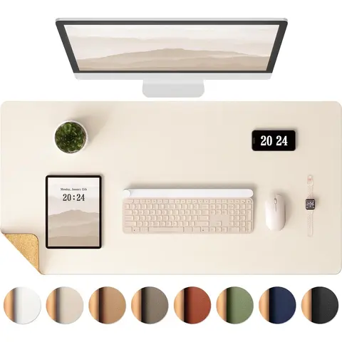 Aothia Rectangular Dual-Side Leather Desk Mat - FSC Certified, Ecological, 25.6"x13.7", 0.08 Inches Thick, Natural Cork Protective Pad, Waterproof Ink-Blotting Mouse Pad, Sustainable Handcrafted Office/Desk Accessories, Beige Home Decor